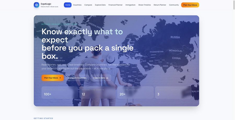 Screenshot van de homepage van ExpatLogic.com